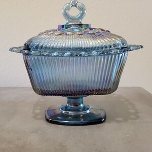 Carnival Glass Iridescent Blue Candy Dish